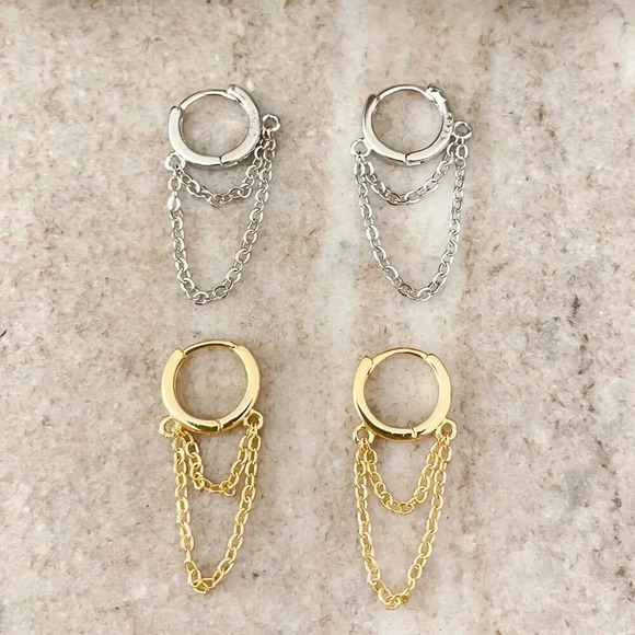 925 Sterling Silver Huggie Earrings Dangle Chain Earrings Small Hoops Huggies - Picture 1 of 7